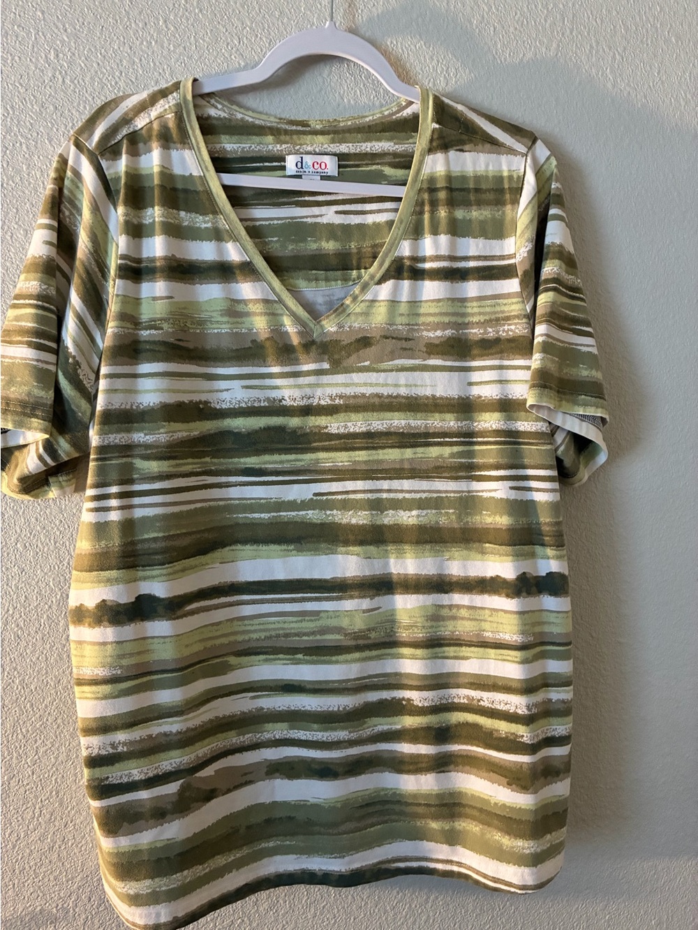 Denim & Co Olive  Green Painter Stripe V-Neck Top- Perfect Jersey